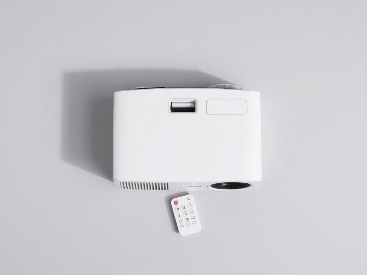 Overhead view of the BeamlyHome projector with its included remote